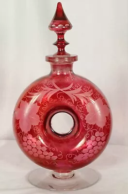 Buy Vintage Czech Bohemian Round Etched Cranberry Ruby Flash Decanter • 60.64£
