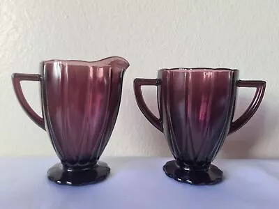 Buy Hazel Atlas Newport Hairpin Amethyst Depression Glass Sugar Bowl And Creamer 2PC • 19.01£