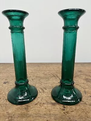 Buy Pair Of Vintage Emerald Green Glass Candlestick Holders - Made In Spain • 24.99£