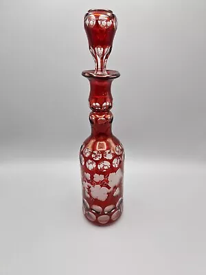 Buy Antique Bohemian Etched Grape Vine Cranberry Glass Decanter & Stopper • 19.30£