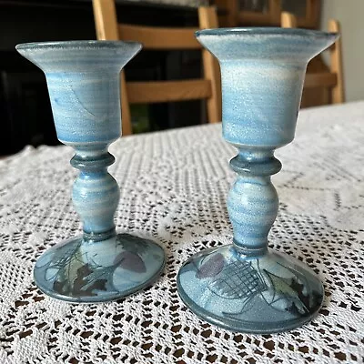 Buy A Pair Of Tain Scottish Art Pottery Candle Sticks Pattern Thistle And Tartan • 49.99£