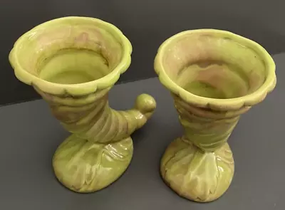 Buy West Coast Pottery California 210 Cornucopia Horn 2 Vases Art Deco Footed Green • 27.91£