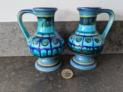 Buy Flora Gouda Holland Pair Retro Faenza Turquoise  Mix 1875 Handled Vases 5.5inch • 20£
