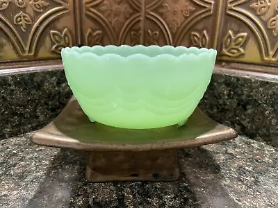 Buy Vintage Green Jadeite Fire King Milk Glass 3-Footed Bulb Bowl Scalloped Rim 60's • 79.21£