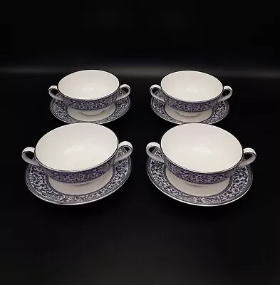 Buy Minton Infanta Fine Bone China Set 4 Blue & White Soup Coupe Bowls & Underplates • 65£