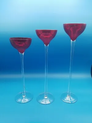 Buy Vintage Offset Ruby Red Glass Votive Candle Holders Tall Clear Stemmed Set Of 3 • 14.91£