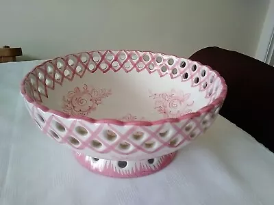Buy  Hand Painted Vestal Portugal Pottery Lattice Work Fruit/Bread Bowl Pink & White • 4£
