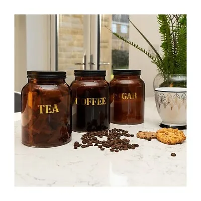 Buy Coffee, Tea, Sugar A Set Of 3 Amber Glass Vintage Storage Jars • 19.99£