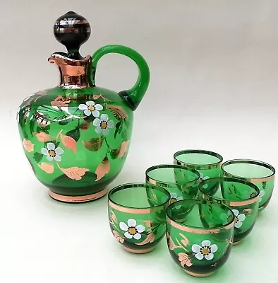 Buy Bohemian Czech Green Glass Liqueur Decanter Jug & 6 Glasses Hand Painted Vintage • 29.99£