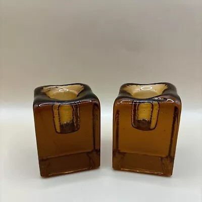 Buy Mid Century Ice Cube Candle Holders~Amber Colored~Set Of 2 • 27.03£