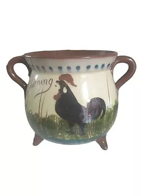 Buy Unusual Watcombe Pottery Twin Handled Cauldron Pot - Cockerel & Motto • 19.95£