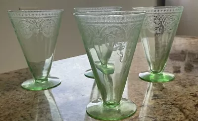 Buy Green Depression Glass Goblets. Set Of Four. Vintage. Footed Base. • 69.89£