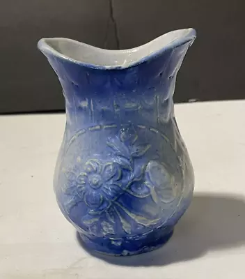 Buy Antique Primitive American Stoneware Blue & White Raised Flowers Pottery Vase • 55.22£