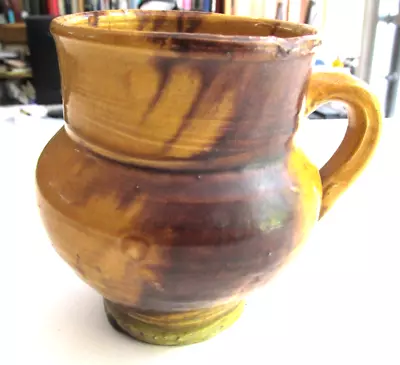 Buy Antique Yellow Ware Yellow & Brown Swirl Glazed Mustard Pot With Handle Redware • 42.90£