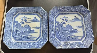 Buy Two (2) Antique Blue And White  Japanese Transfer Ware 10.5  Square Plates • 27.18£