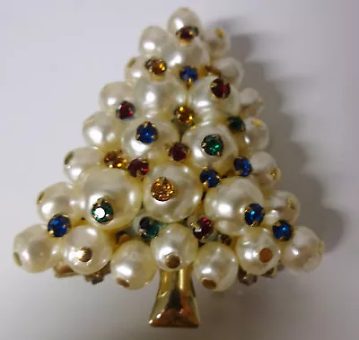 Buy Vtg Pearls Piersed With Multi Color Crystals Christmas Tree Brooch Pin RARE • 194.14£