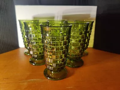 Buy Avocado Green Vintage Indiana Whitehall Cubist Tumblers Footed Drink Glass Set 6 • 55.91£
