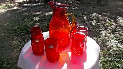 Buy Vintage Large Blenko Amberina Crackle Glass Pitcher W/ 6 Pinched Tumblers • 144.71£