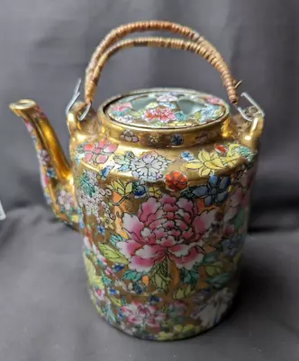 Buy Antique Chinese Famille Rose Mille Fleur Teapot - Bamboo Handles • 42.50£