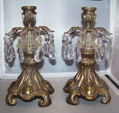 Buy Set 2 Vintage Antique Ornate Brass Tone Metal Victorian Candle Holders W/ Prisms • 55.92£