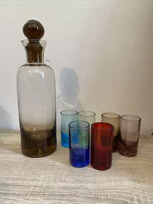Buy Smokey Glass Vintage Decanter Plus 6 Colourful Shot Glasses  • 5£