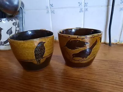 Buy Pair Studio Pottery Slipware Mugs Starling Blackbird Devon + 5 Discs Owls Bee • 28£