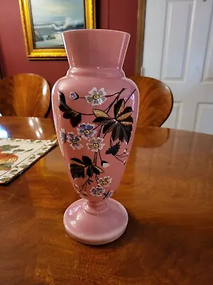 Buy Antique Cased Pink Opaline Bristol Glass Vase Floral Leaves • 79.21£