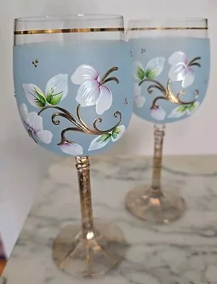 Buy Pair Of Lovely Blue Frosted Hand Painted  Bohemian Czech Crystal Wine Glasses • 28.01£
