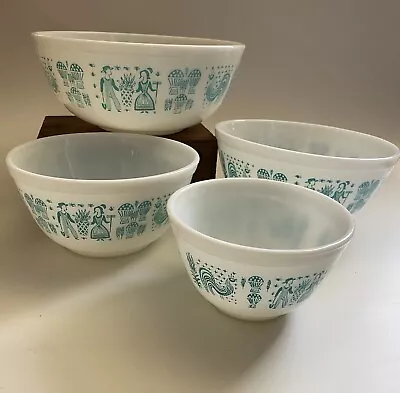 Buy Vintage Pyrex Nesting Mixing Bowl 4-Pc Set Turquoise White Amish Butterprint • 185.45£