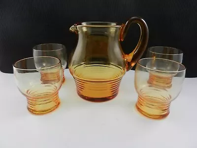 Buy Stuart England Drink Set Pitcher 4 Tumblers Ringed Bottom Amber Ca1921 Register • 51.26£