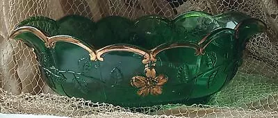 Buy Antique Emerald Green Fruit Bowl, Goofus Glass Gold Painted Flowers • 8.38£