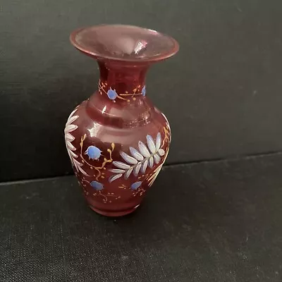 Buy Antique Small Cranberry Glass Hand Painted Designs Bohemian Style 3.5” • 12.95£