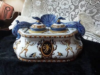 Buy Antique French Faience Pottery - Mythical Creatures, Fish & Shell Design Inkwell • 63£