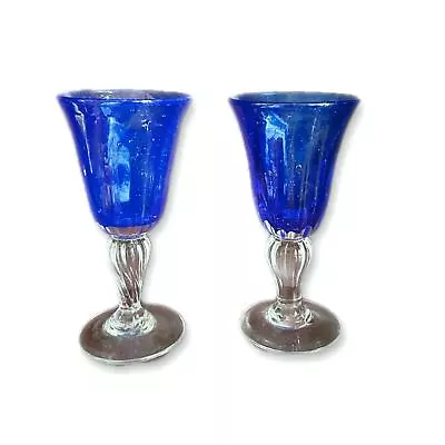 Buy Vintage Set Of Two Val De Pome Saba Blue Bubbled Wine Goblets From Biot France  • 144.71£
