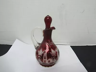 Buy Antique Egermann Czech Bohemian Ruby Red Cut To Clear Cruet Crystal Stag Pitcher • 42.01£