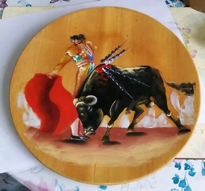 Buy Vintage Spanish Hand Painted Wooden Plate. Depicting A Matador Fighting A Bull.  • 14.99£