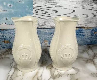 Buy PAIR Of BELLEEK PORCELAIN VASES CLADDAGH & YACHT GALWAY IRISH CRYSTAL • 24.50£