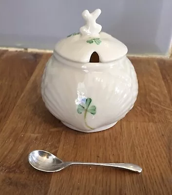 Buy Small Belleek China Shamrock Shell Mustard Pot / Preserve Pot & Spoon • 7£