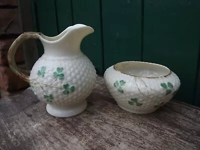 Buy Vintage Belleek China Milk Jug & Bowl In Green Shamrock Basket Weave Black Stamp • 34.99£