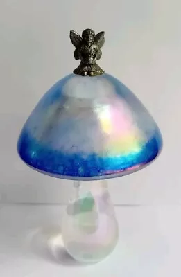 Buy Vintage Heron Glass Iridescent Blue Mushroom Paperweight With Fairy 13 Cm Tall • 24.99£