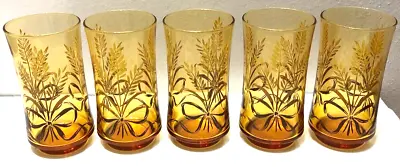 Buy Vintage Libbey Glass Tumblers SET OF 5 Wheat & Ribbon Amber 5 1/8  Tall • 31.86£