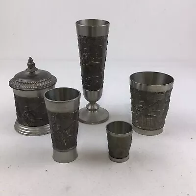 Buy German Pewter Drinking Vessels 4 Sizes 1 Pot Lid Decorated Inscribed 5 Pieces • 19.95£