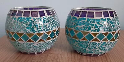 Buy Blue & Yellow Glass Mosaic Crackle Glass Candle Holders X 2 • 8£