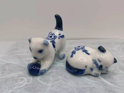 Buy 2 Small Delft Style Blue And White Cat Figures With Ball Sleeping • 7.50£