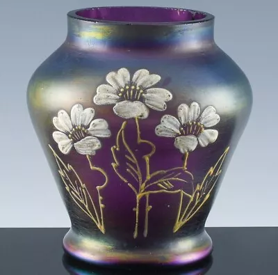 Buy Loetz Austrian Rubin Matte Iris Floral Enamel Purple Iridescent Art Glass Vase • 38.05£