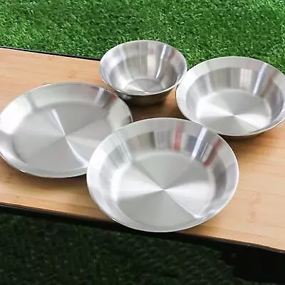 Buy 4 Pieces Stainless Steel Bowl And Plate Set Dinnerware Portable Camping Utensils • 13.24£