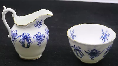 Buy Vint. Coalport Blue & White Bone China Creamer & Sugar, Wreath & Ribbon Garland • 18.63£