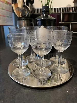 Buy 7x 19 Century,Art Deco,Needle Etched,Liquor Glasses Castle Top Pattern. VGC. • 28£