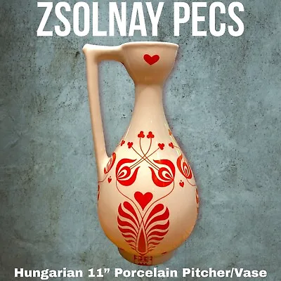 Buy Zsolnay Pecs 11  Hungarian Porcelain Pitcher Vase Traditional White Red Hungary • 232.98£