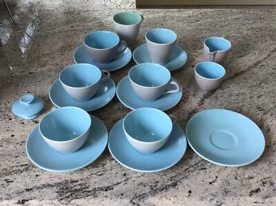 Buy 17 Pieces Of Poole Twintone Sky Blue/Grey Tea Cups, Saucers, Jug, Bowl In VGC • 19.95£